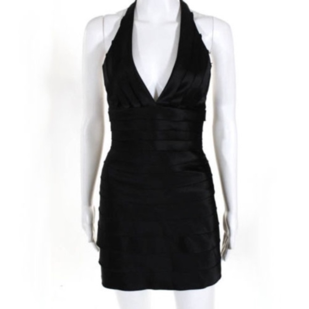 BCBG MaxAzria Malin Black Satin Tiered Mini Dress